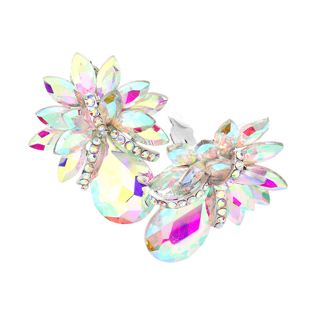 Madeline Love AB, Silver Teardrop Stone Accented Clip on Evening Earrings - desc