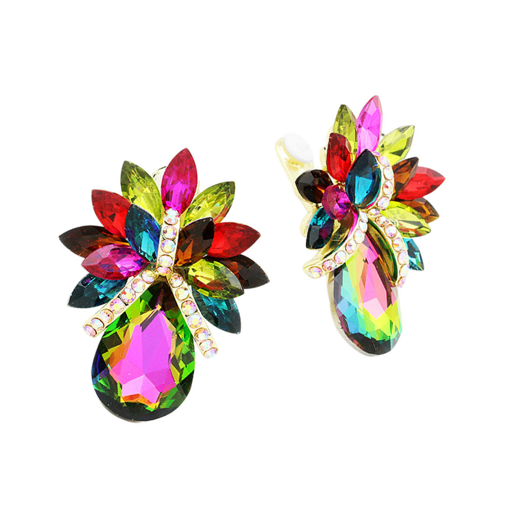 Madeline Love Vitrail Medium Teardrop Stone Accented Clip on Evening Earrings - desc