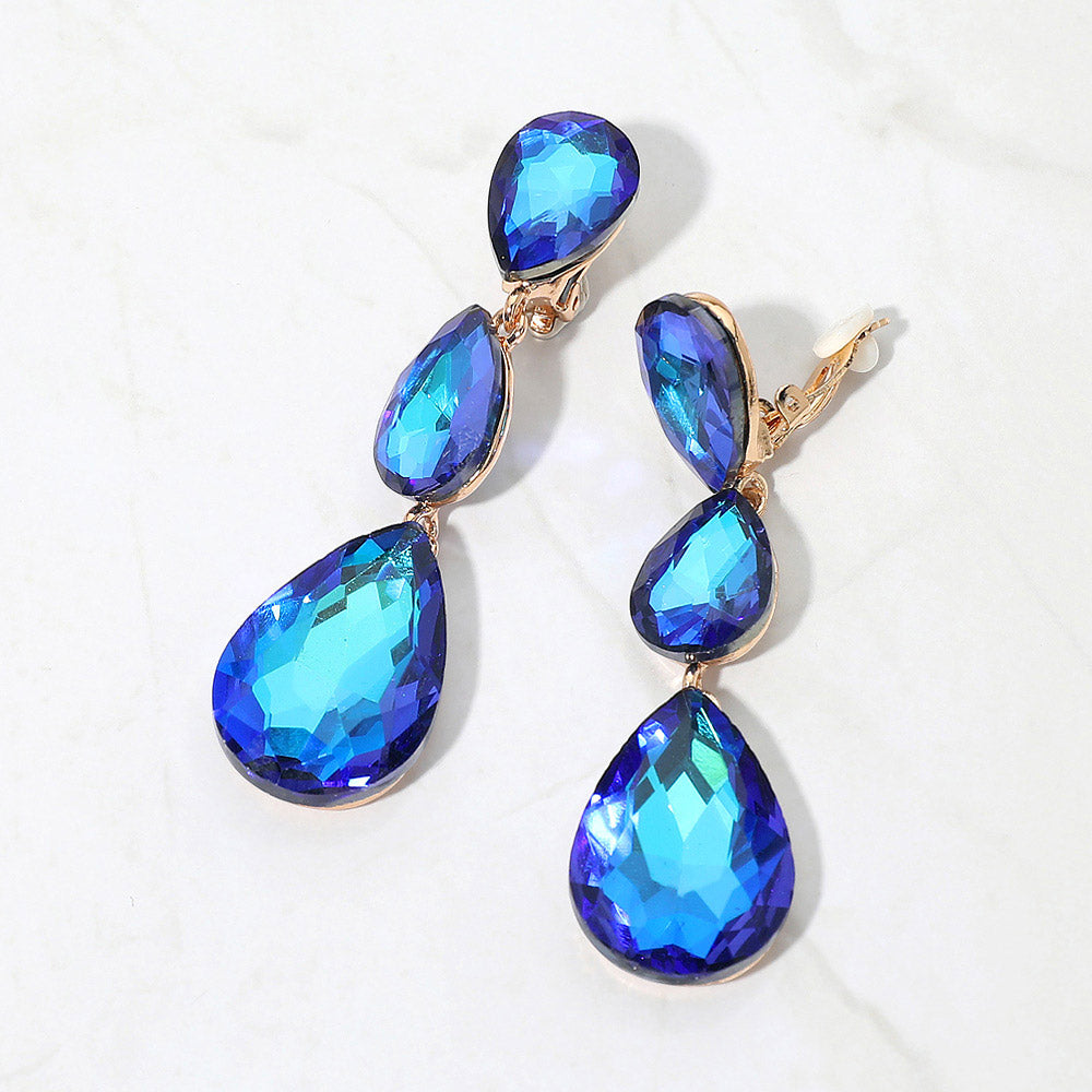 Madeline Love Blue Teardrop Glass Crystal Drop Evening Clip On Earrings