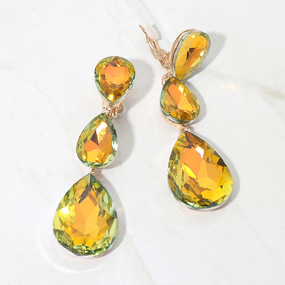 Madeline Love AB, Yellow Teardrop Glass Crystal Drop Evening Clip On Earrings