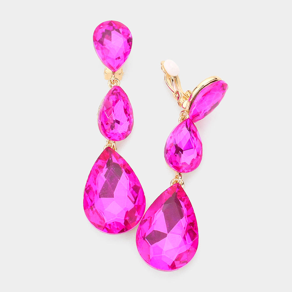 Madeline Love Fuchsia Teardrop Glass Crystal Drop Evening Clip On Earrings