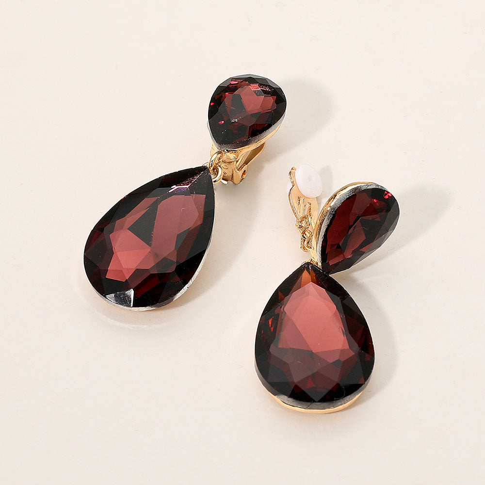 Madeline Love Brown Glass Crystal Double Teardrop Clip On Evening Earrings