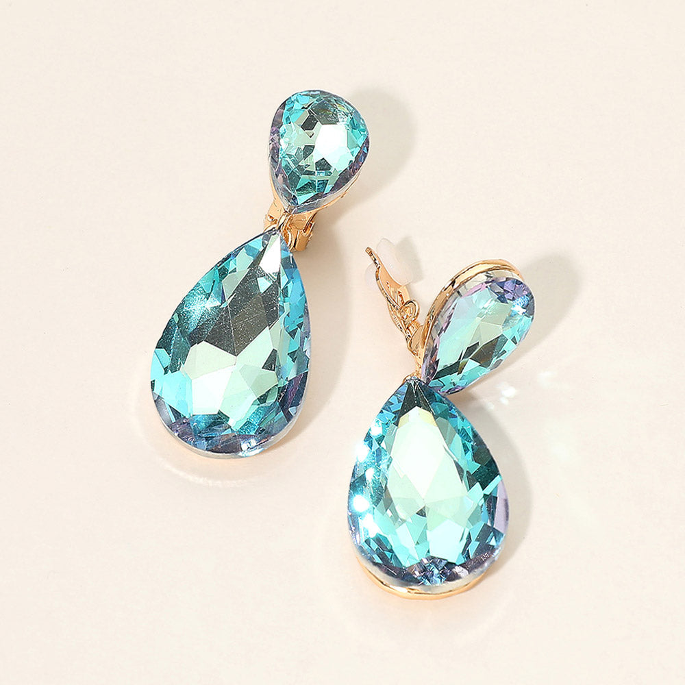 Madeline Love Blue Zircon Glass Crystal Double Teardrop Clip On Evening Earrings