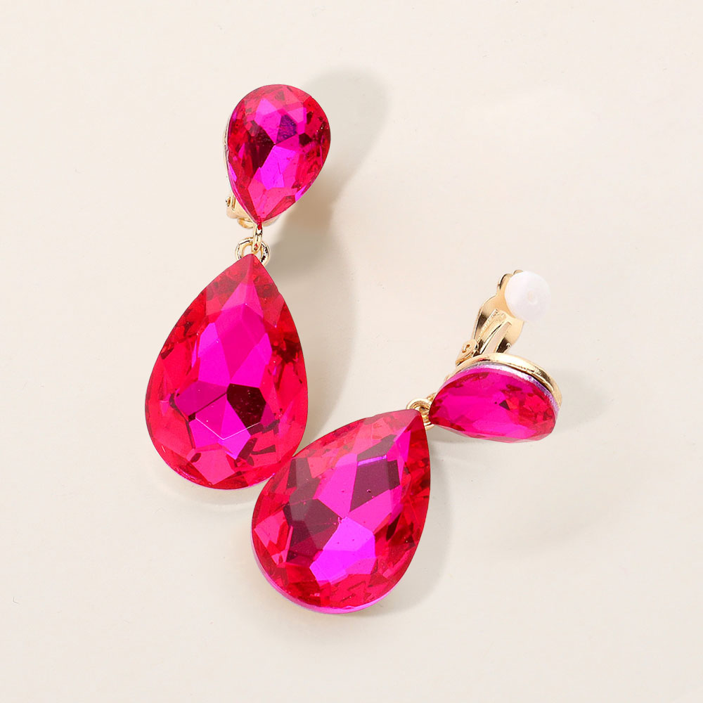 Madeline Love Fuchsia Glass Crystal Double Teardrop Clip On Evening Earrings