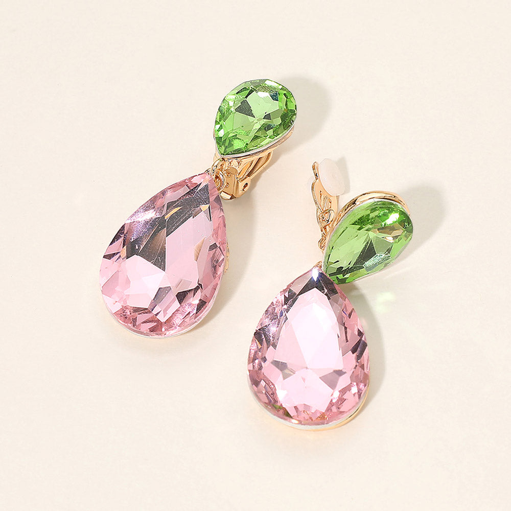 Madeline Love Pink&Green Glass Crystal Double Teardrop Clip On Evening Earrings