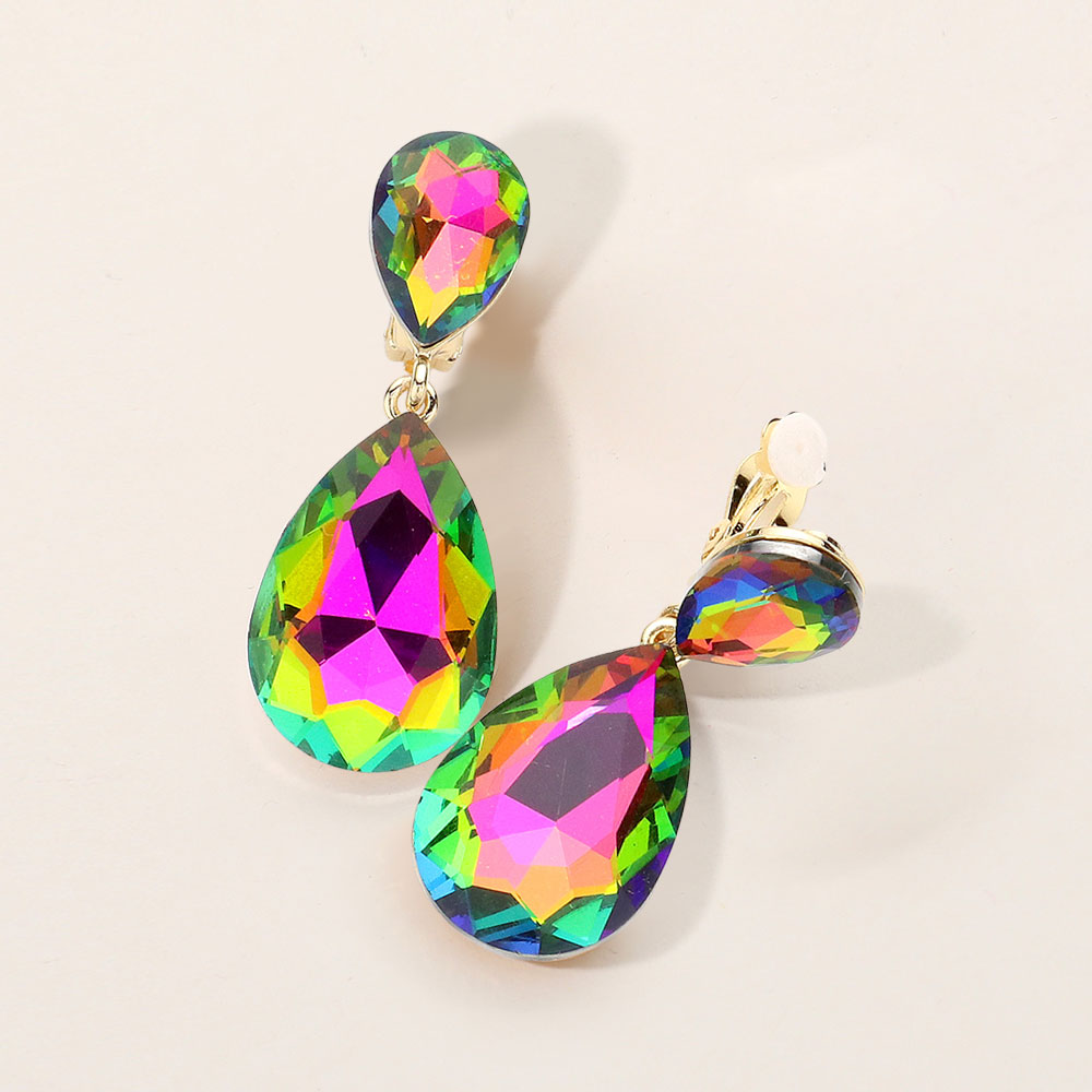 Madeline Love Vitrail Medium Glass Crystal Double Teardrop Clip On Evening Earrings
