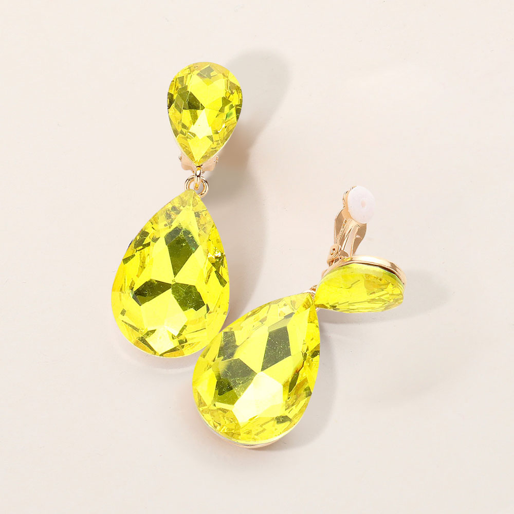 Madeline Love Yellow Glass Crystal Double Teardrop Clip On Evening Earrings