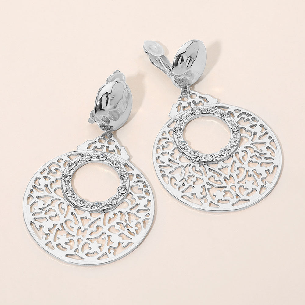 Madeline Love Rhodium Elegant Filigree Circle Drop Clip On Earrings
