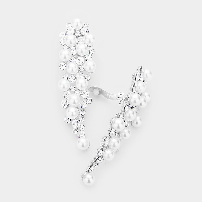 Madeline Love Rhodium, White Crystal Pearl Cluster Clip on Earrings