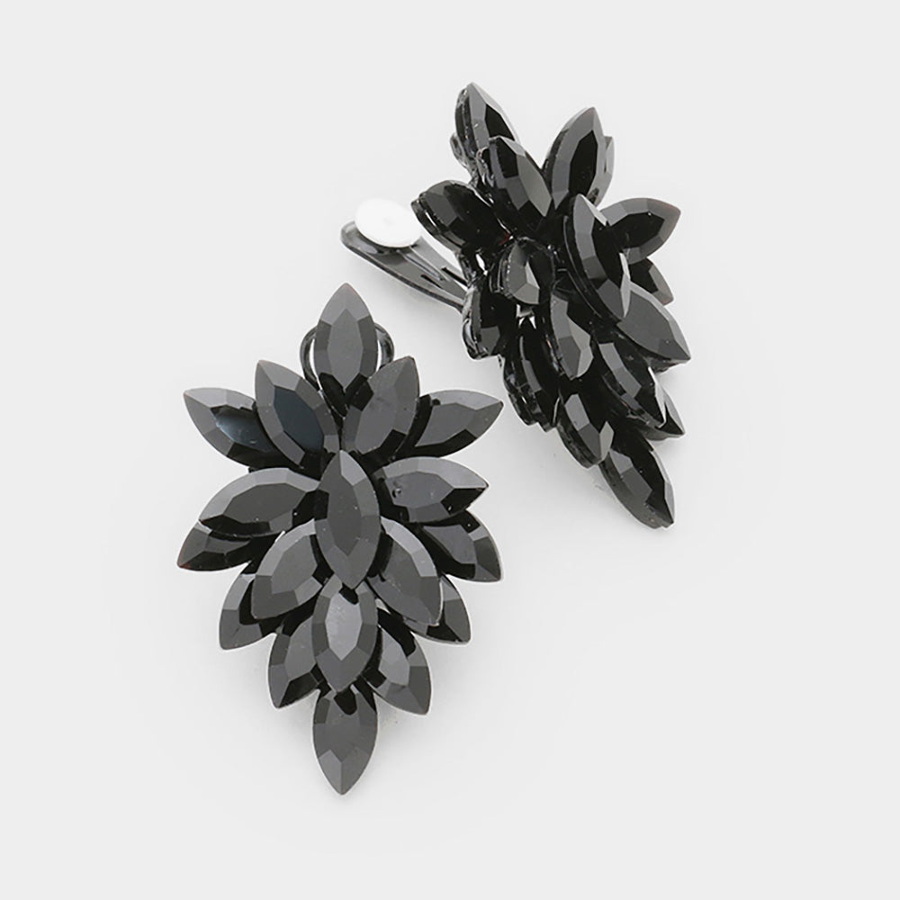 Madeline Love Jet Black Marquise Crystal Cluster Clip on Evening Earrings