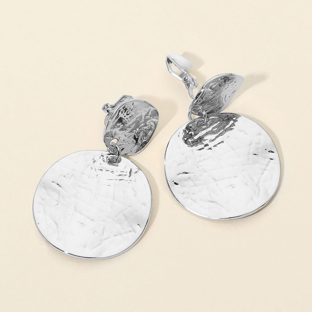 Madeline Love Silver Textured Metal Diec Drop Clip On Earrings