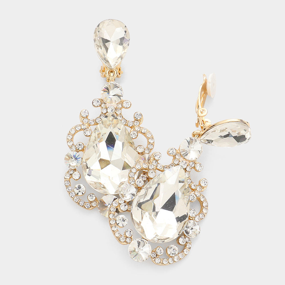 Madeline Love Gold Teardrop Crystal Dangle Evening Clip on Earrings