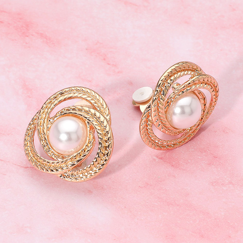 Madeline Love Cream, Gold Pearl Center Textured Metal Knot Frame Clip On Earrings