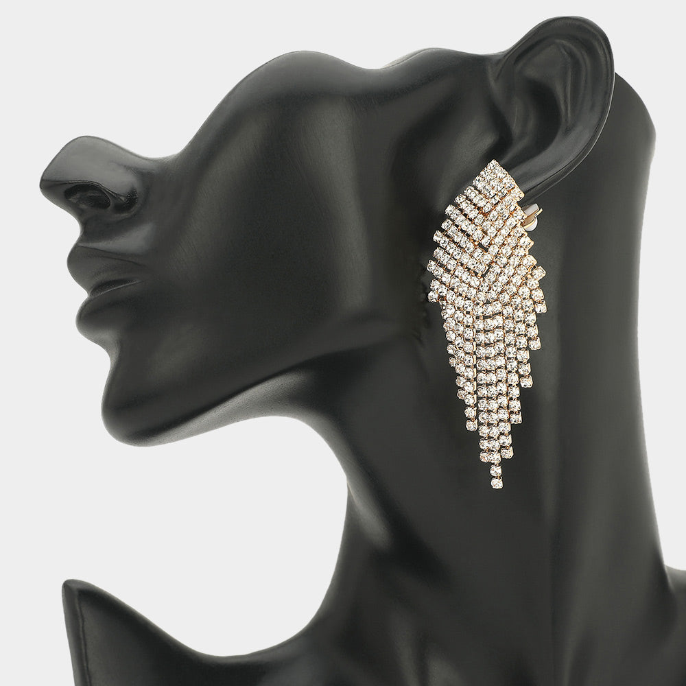 Madeline Love Gold Pave Crystal Rhinestone Fringe Clip On Evening Earrings