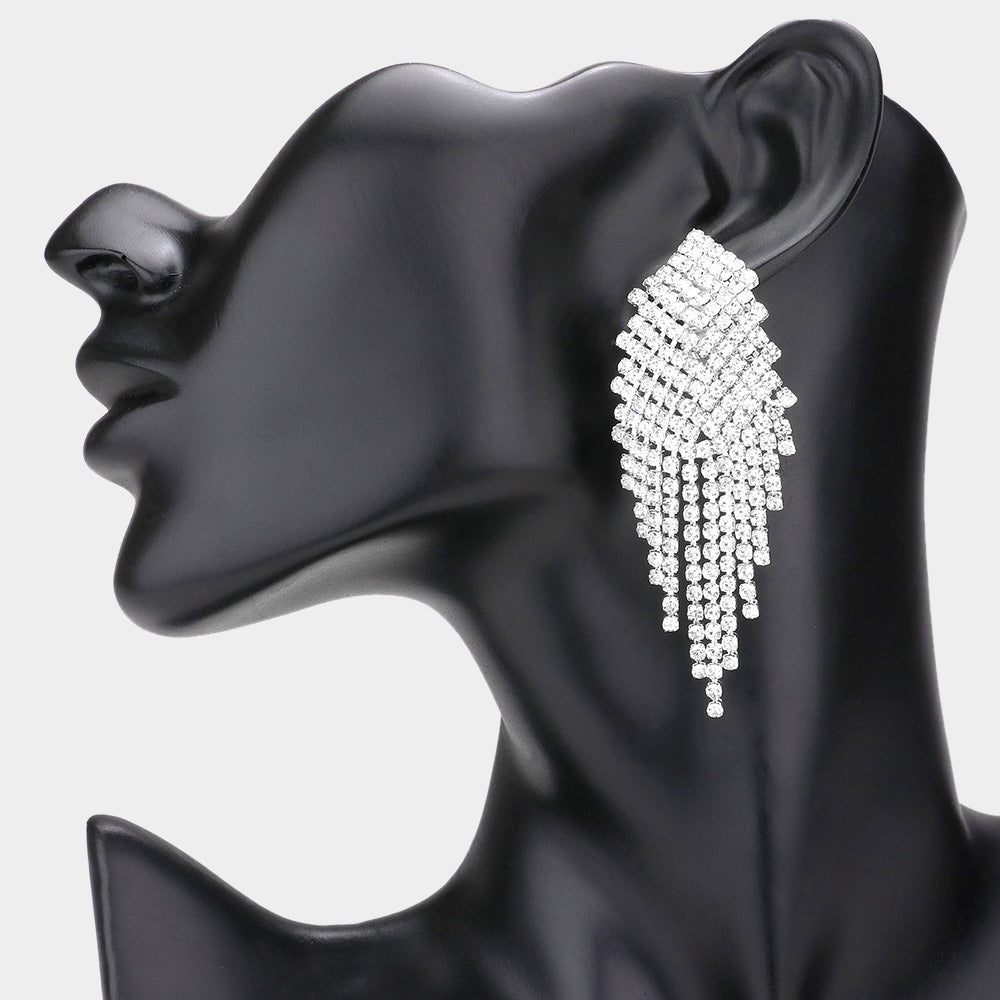 Silver Pave Crystal Rhinestone Fringe Clip on Evening Earrings