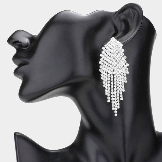 Silver Pave Crystal Rhinestone Fringe Clip on Evening Earrings