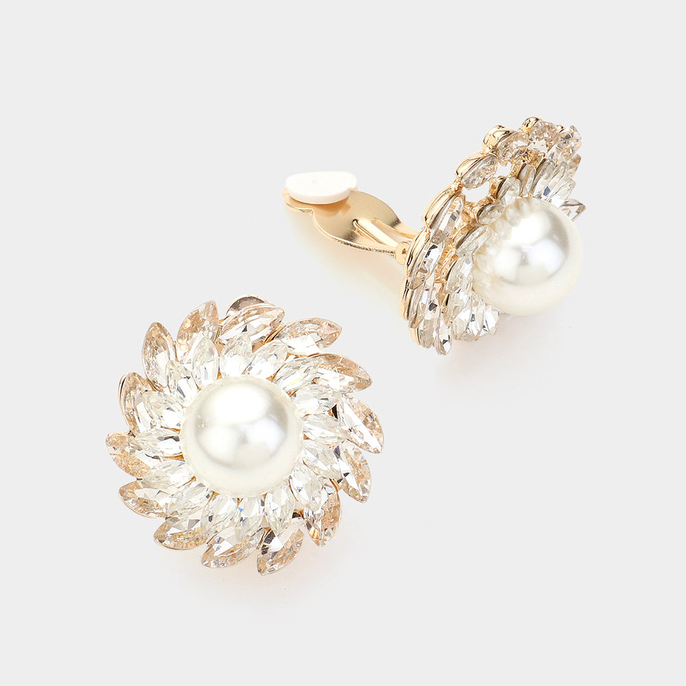 Madeline Love Cream, Gold Spiral Stone Paved Embellished Pearl Clip On Earrings