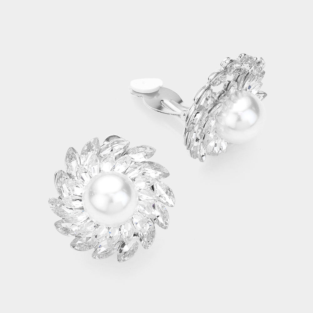 Madeline Love Rhodium, White Spiral Stone Paved Embellished Pearl Clip On Earrings