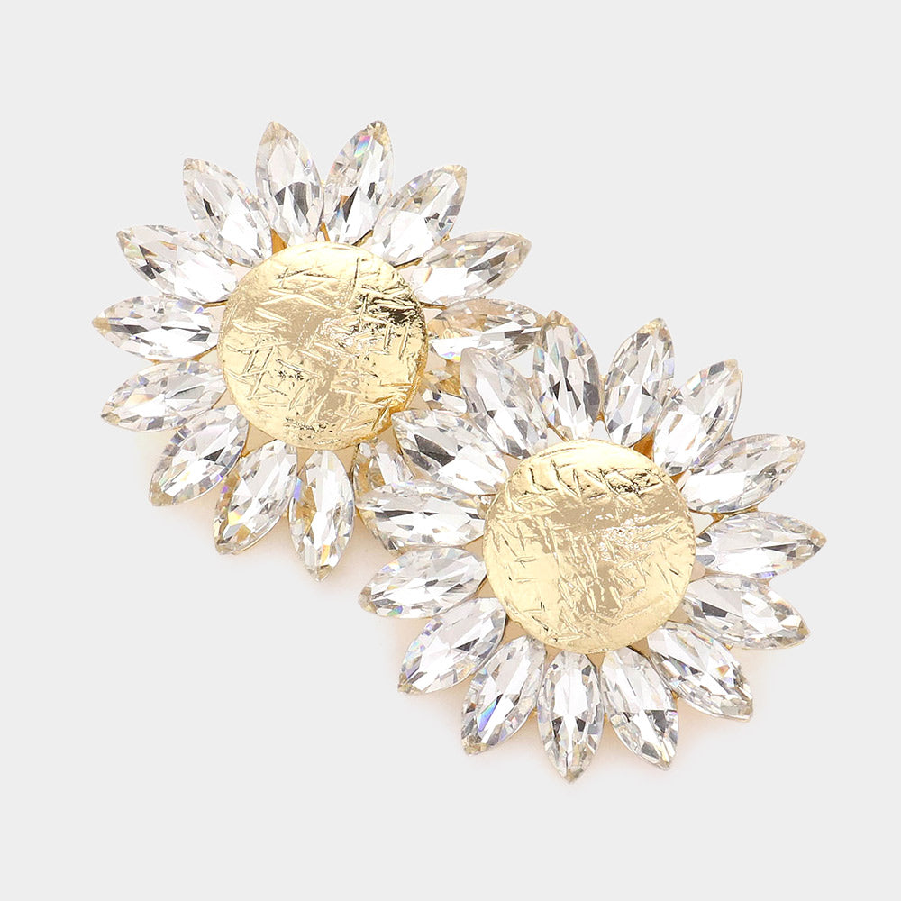 Madeline Love Gold Marquise Stone Trimmed Flower Clip on Evening Earrings