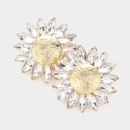 Madeline Love Gold Marquise Stone Trimmed Flower Clip on Evening Earrings