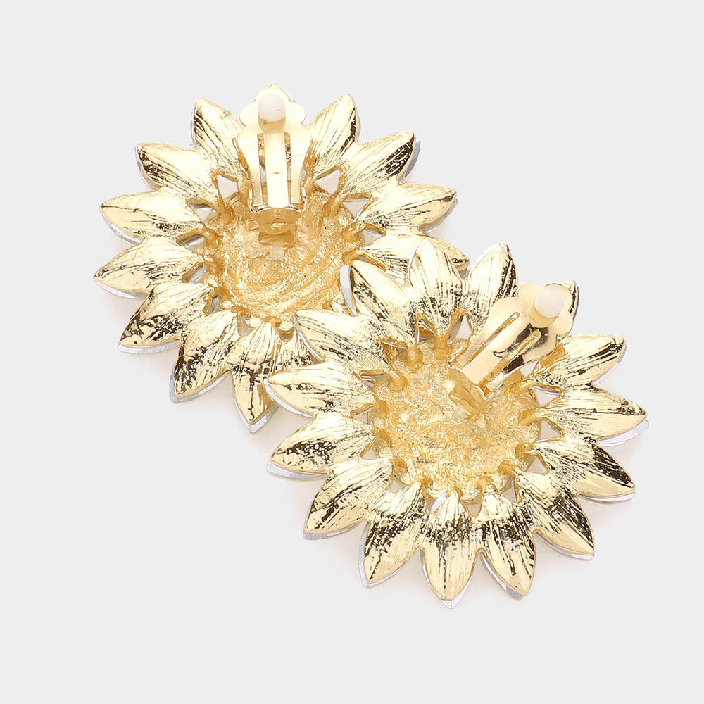 Madeline Love Gold Marquise Stone Trimmed Flower Clip on Evening Earrings - desc