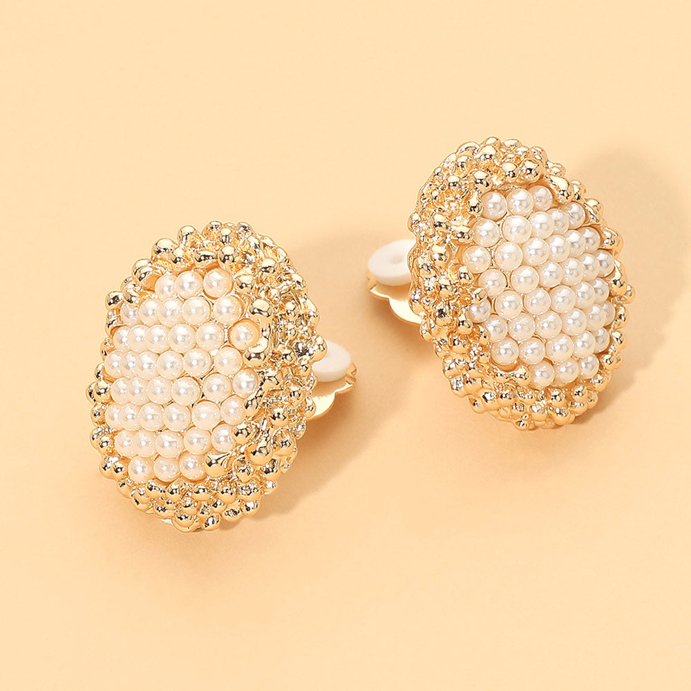 Madeline Love Cream, Gold Pearl Pave Oval Statement Clip On Earrings