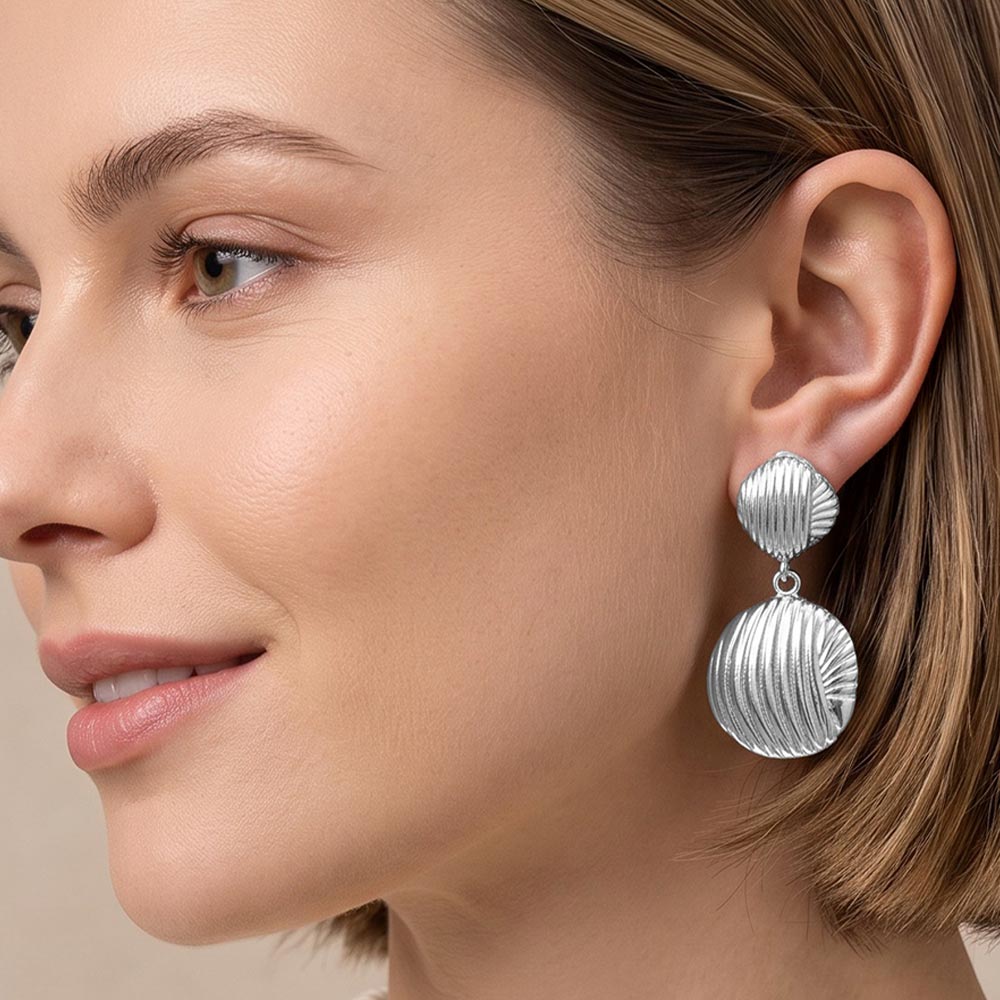 Madeline Love Rhodium Ribbed Metal Disc Drop Clip On Earrings
