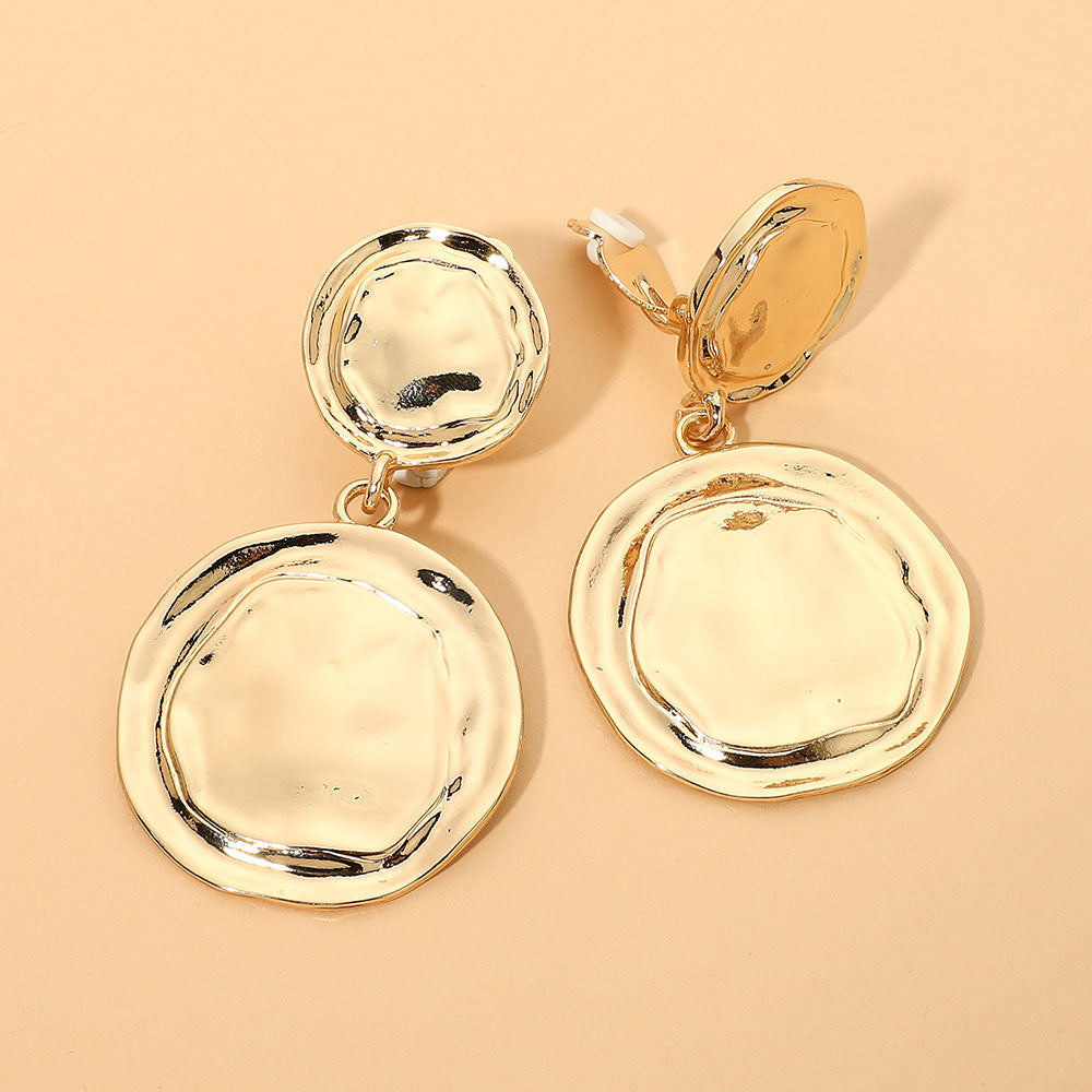 Madeline Love Gold Bold Sculpted Double Disc Drop Statement Clip On Earrings