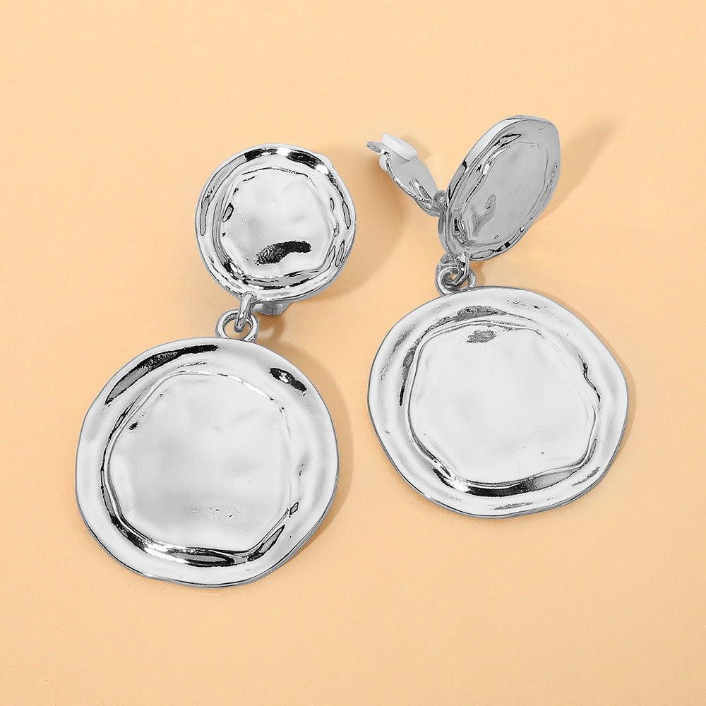 Madeline Love Rhodium Bold Sculpted Double Disc Drop Statement Clip On Earrings