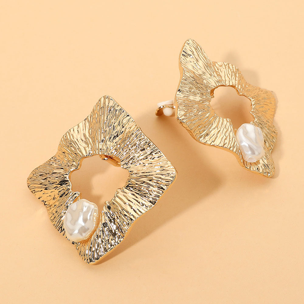 Madeline Love Gold Bold Organic Pearl Accent Sculptural Open Center Clip On Earrings