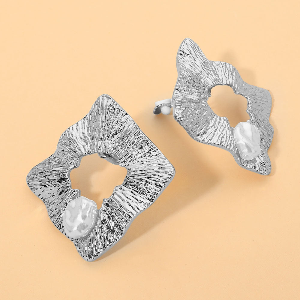 Madeline Love Rhodium Bold Organic Pearl Accent Sculptural Open Center Clip On Earrings