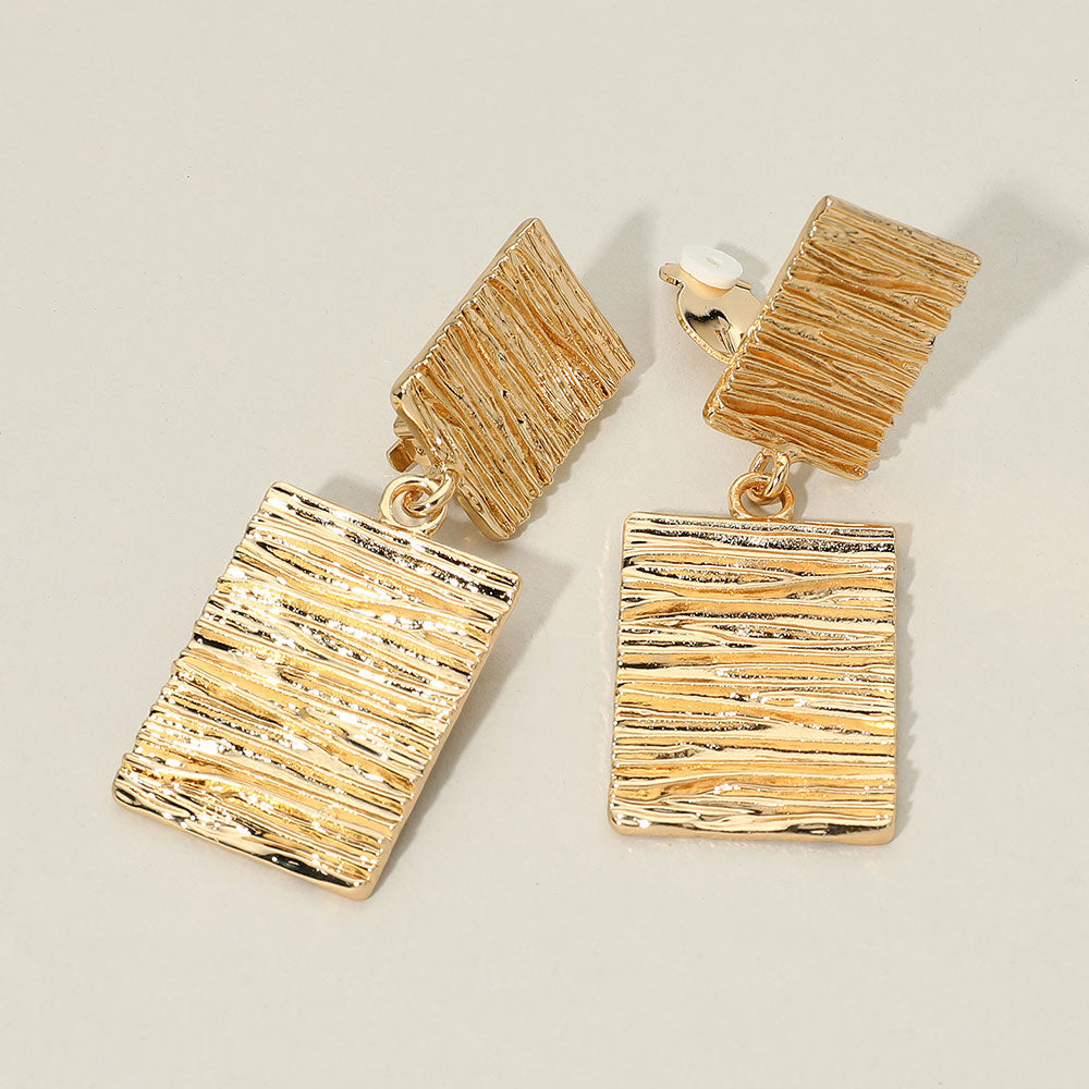 Madeline Love Gold Bold Textured Geometric Double Rectangle Drop Clip On Earrings
