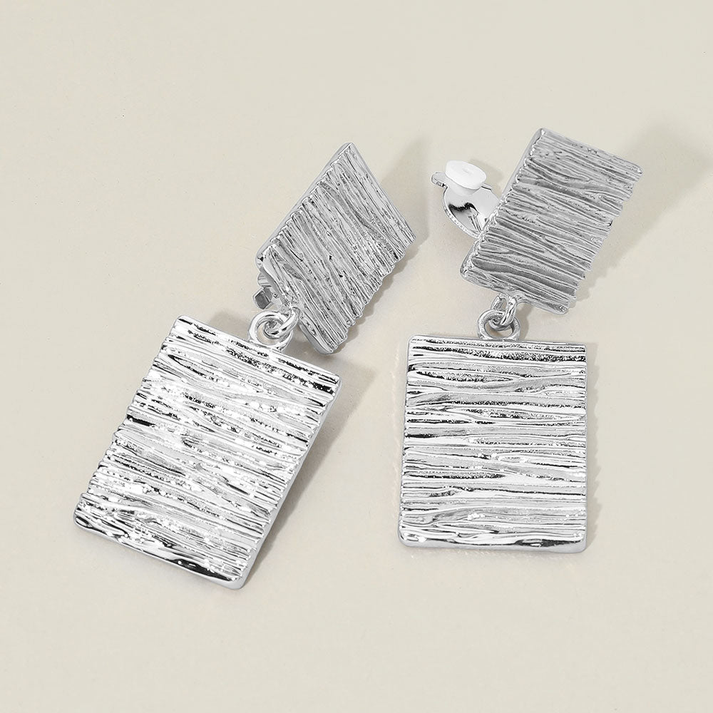 Madeline Love Rhodium Bold Textured Geometric Double Rectangle Drop Clip On Earrings