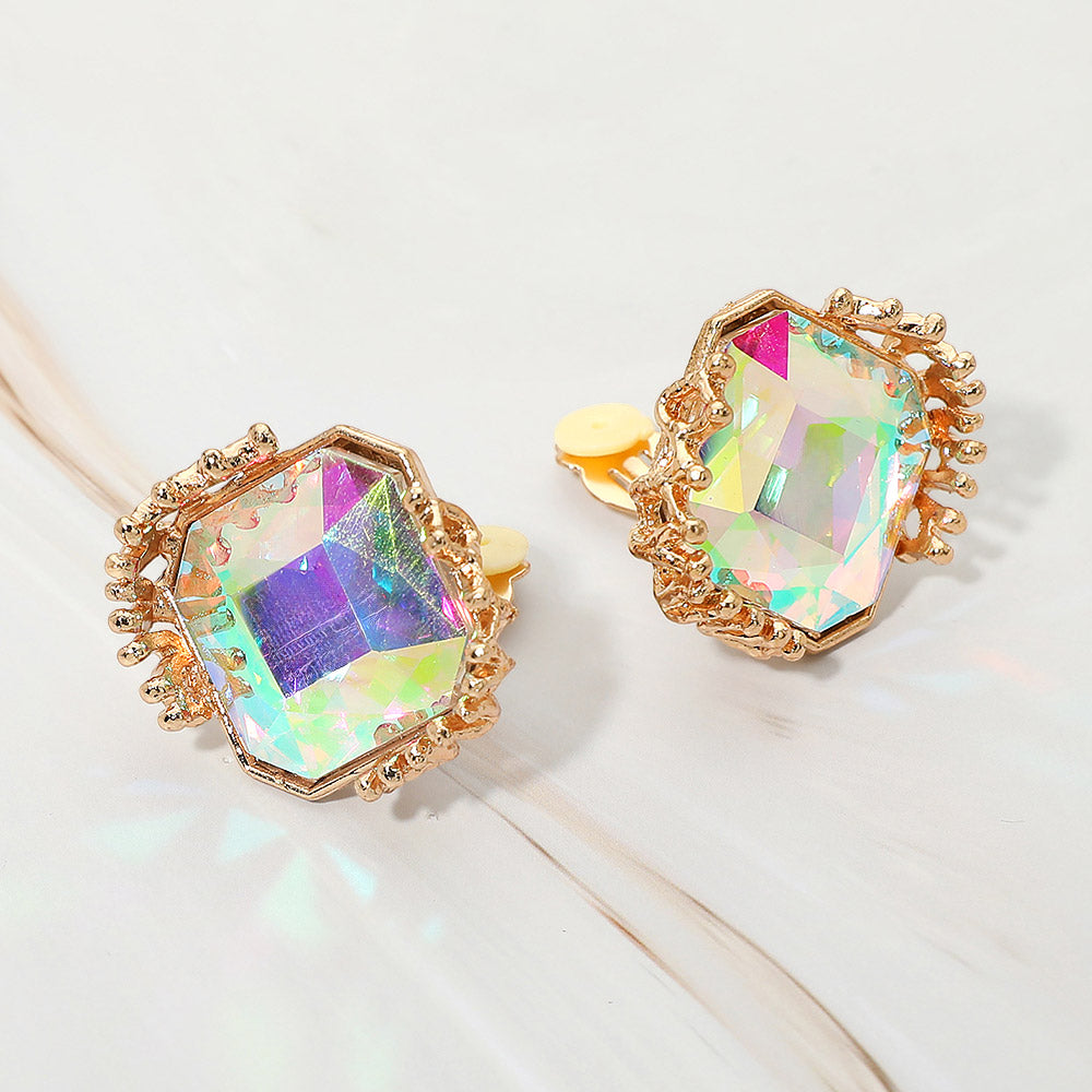 Madeline Love AB, Gold Faceted Square Glass Stone Frame Evening Statement Clip On Earrings
