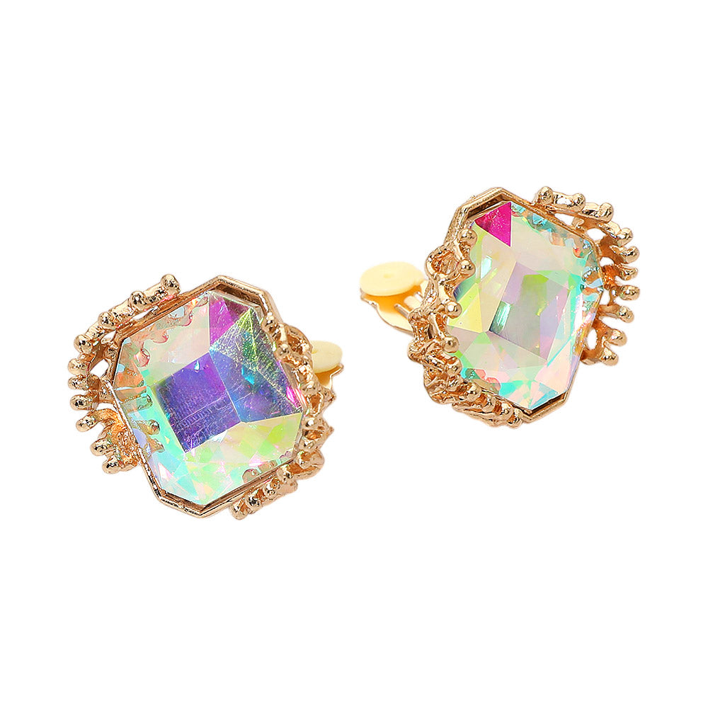 Madeline Love AB, Gold Faceted Square Glass Stone Frame Evening Statement Clip On Earrings - desc