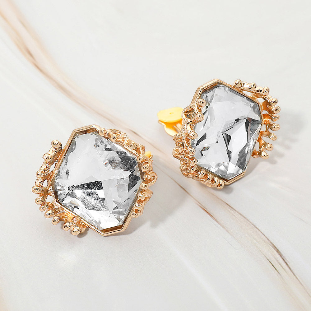 Madeline Love Clear, Gold Faceted Square Glass Stone Frame Evening Statement Clip On Earrings