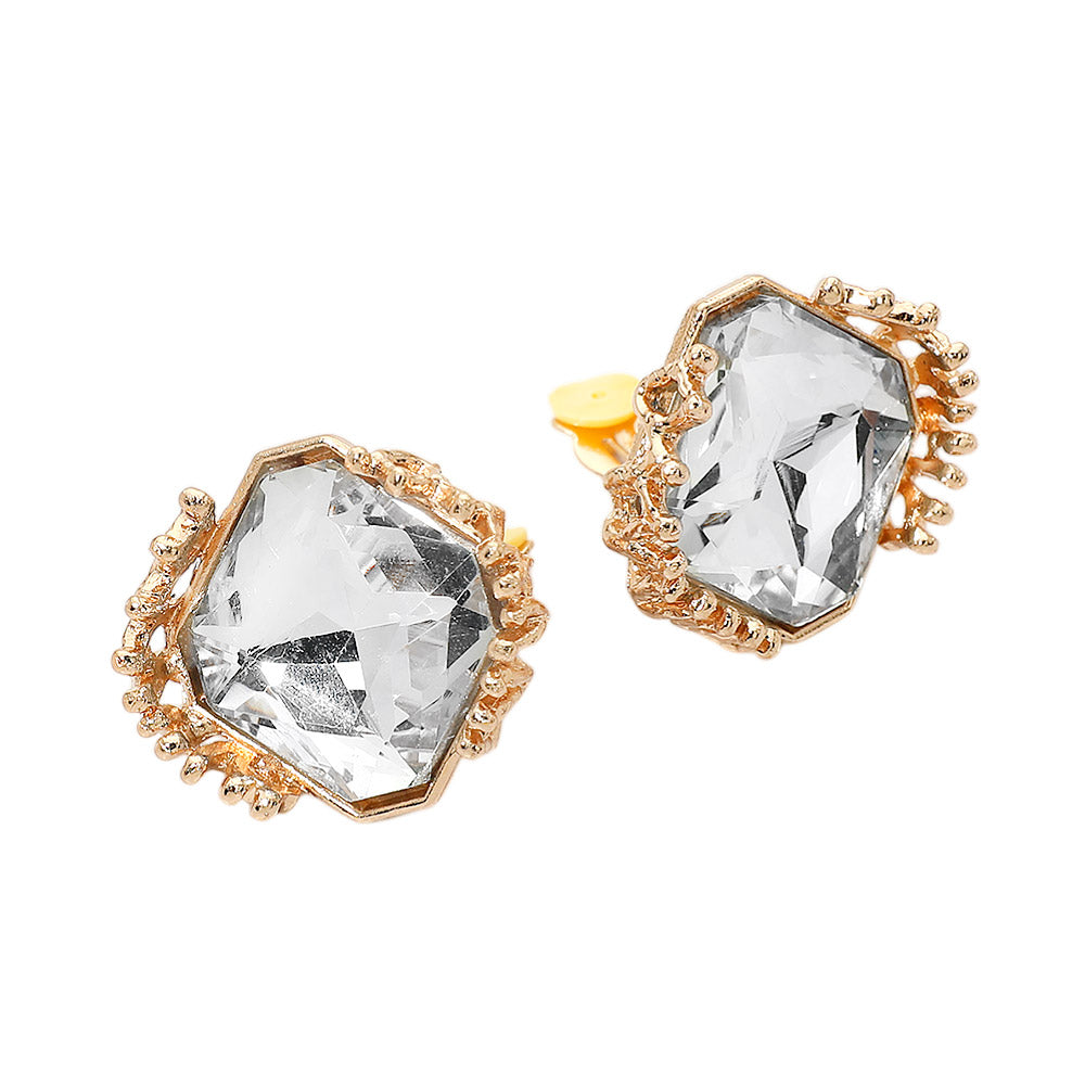 Madeline Love Clear, Gold Faceted Square Glass Stone Frame Evening Statement Clip On Earrings - desc
