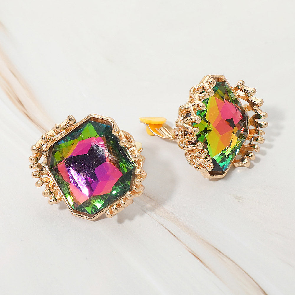 Madeline Love Gold, Vitrail Medium Faceted Square Glass Stone Frame Evening Statement Clip On Earrings