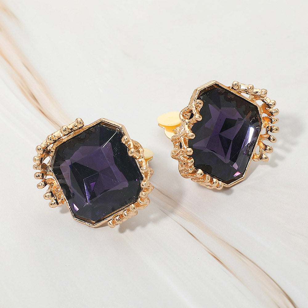 Madeline Love Gold, Purple Faceted Square Glass Stone Frame Evening Statement Clip On Earrings