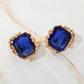 Madeline Love Gold, Royal Blue Faceted Square Glass Stone Frame Evening Statement Clip On Earrings