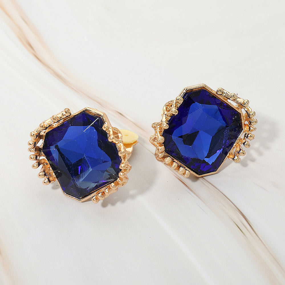 Madeline Love Gold, Royal Blue Faceted Square Glass Stone Frame Evening Statement Clip On Earrings