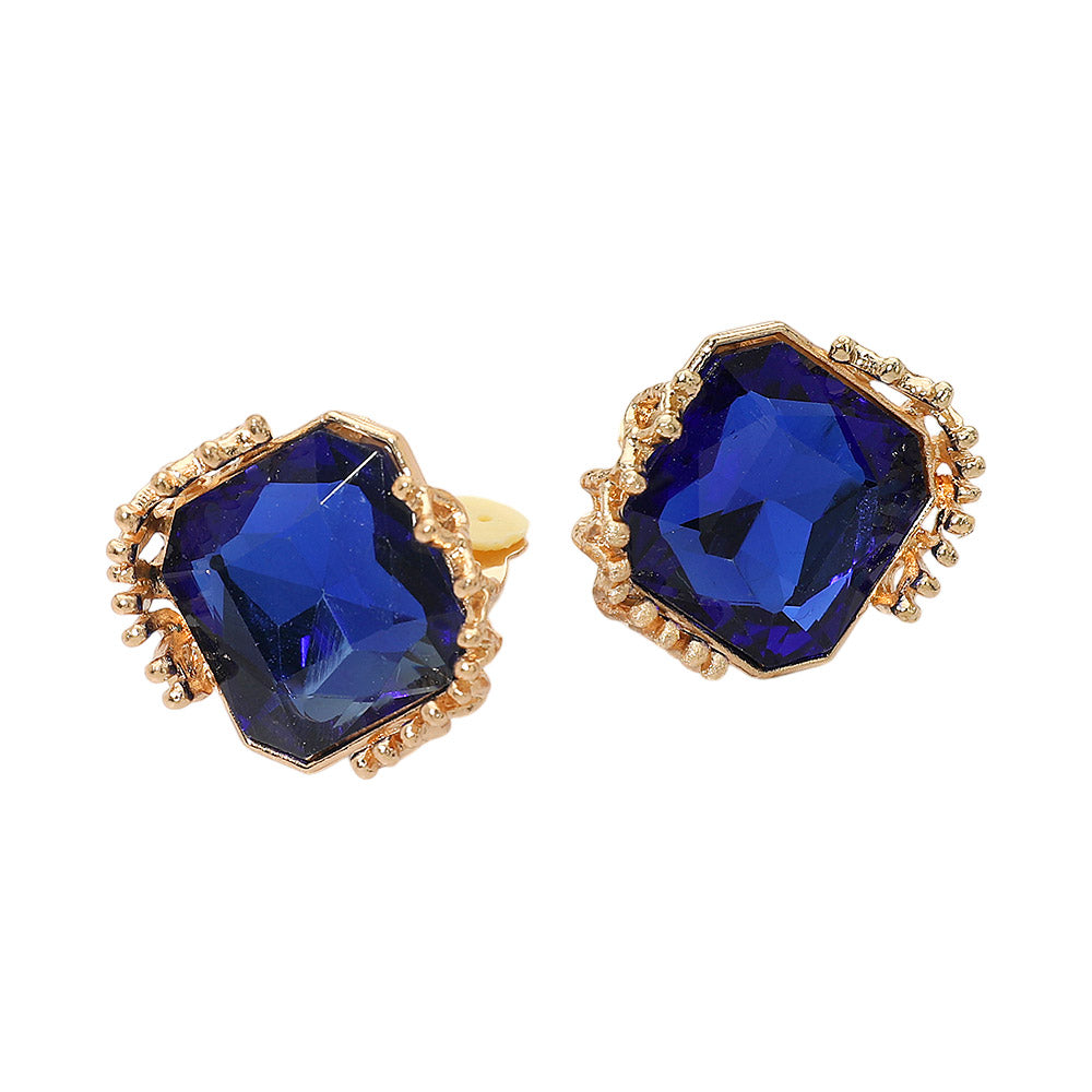 Madeline Love Gold, Royal Blue Faceted Square Glass Stone Frame Evening Statement Clip On Earrings - desc