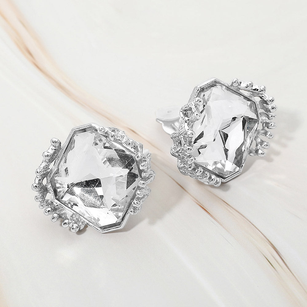 Madeline Love Clear, Rhodium Faceted Square Glass Stone Frame Evening Statement Clip On Earrings