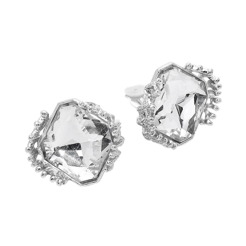 Madeline Love Clear, Rhodium Faceted Square Glass Stone Frame Evening Statement Clip On Earrings - desc