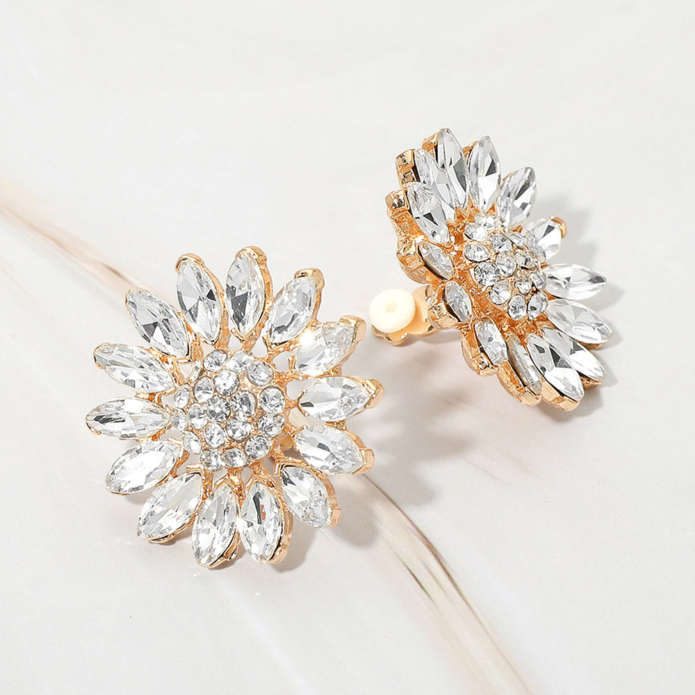 Madeline Love Gold Marquise Stone Cluster Petal Flower Statement Clip On Earrings