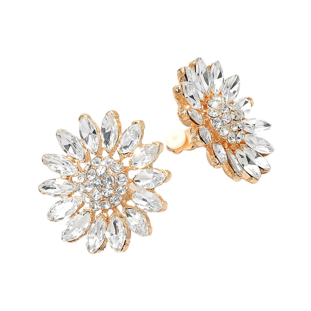 Madeline Love Gold Marquise Stone Cluster Petal Flower Statement Clip On Earrings - desc