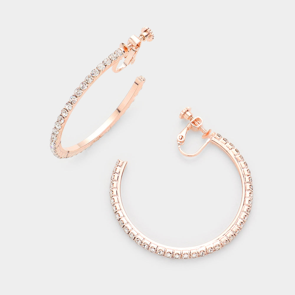 Rose Gold 1.75 inch Rhinestone Hoop Clip on Earrings