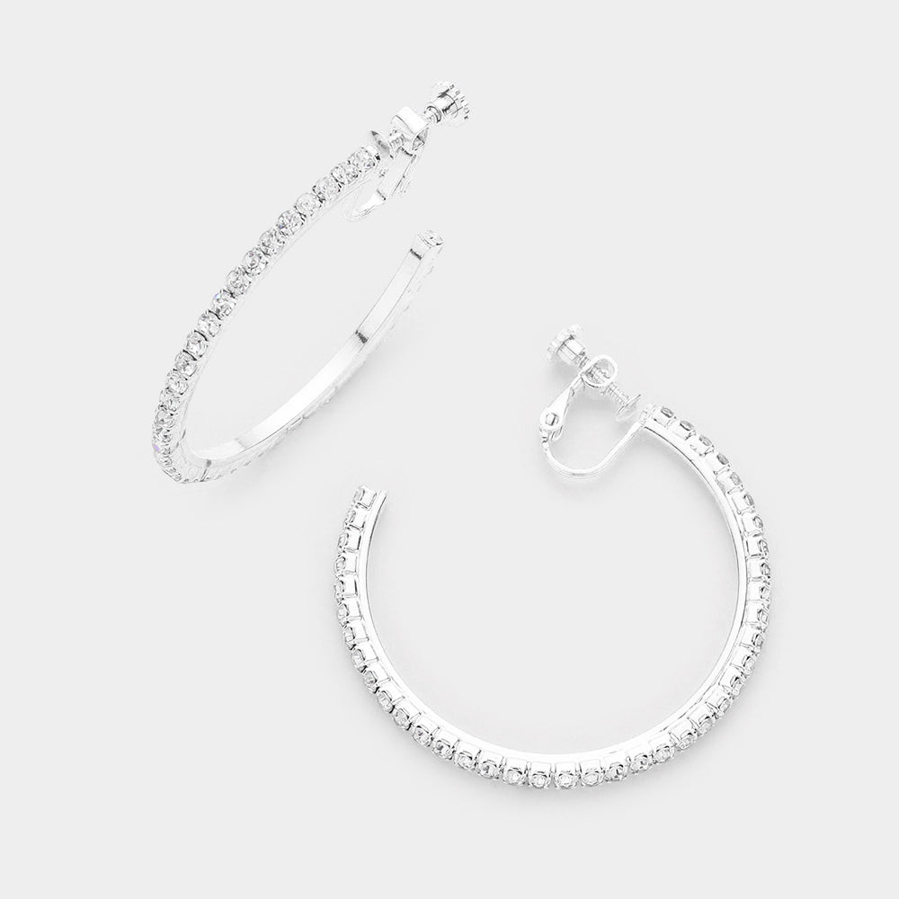 Silver 1.75 inch Rhinestone Hoop Clip on Earrings