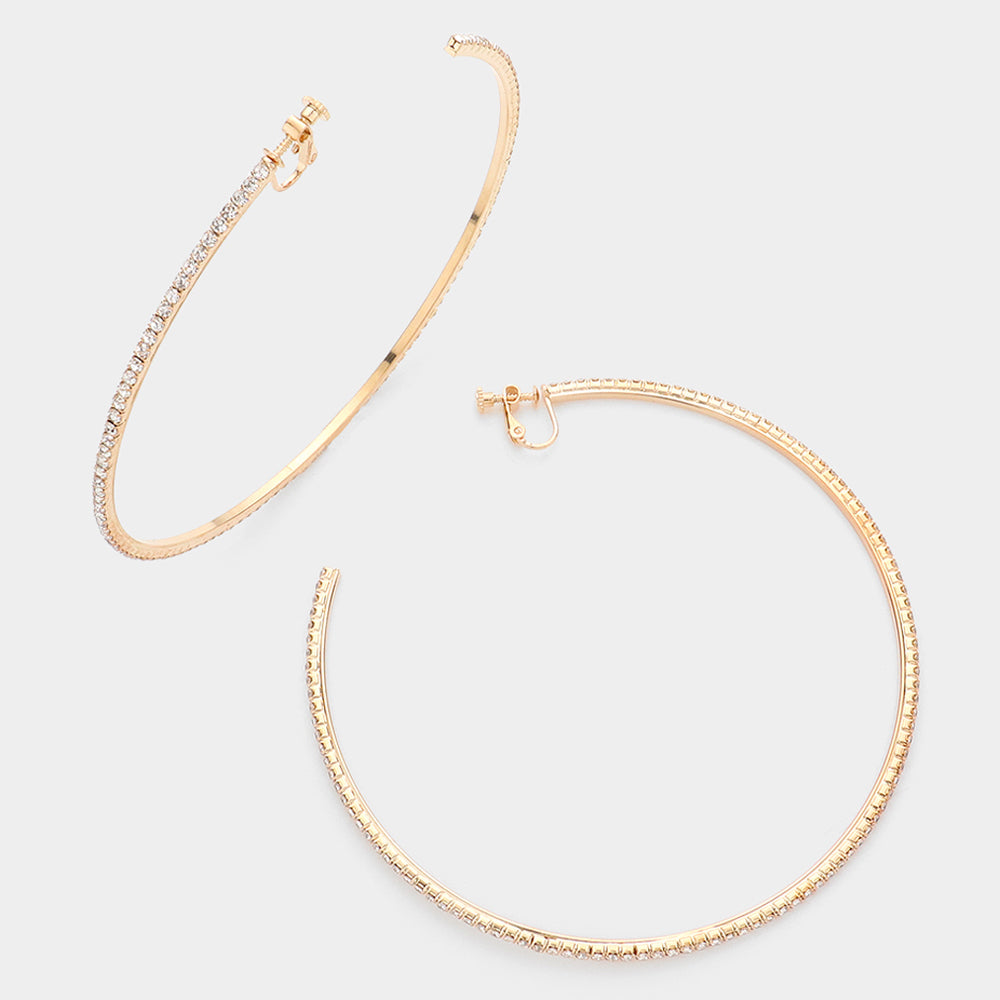 Madeline Love Gold 4 inch Rhinestone Hoop Clip on Earrings