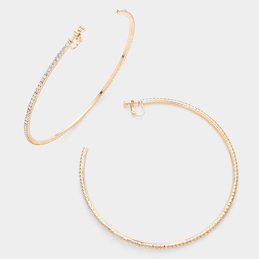 Madeline Love Gold 4 inch Rhinestone Hoop Clip on Earrings